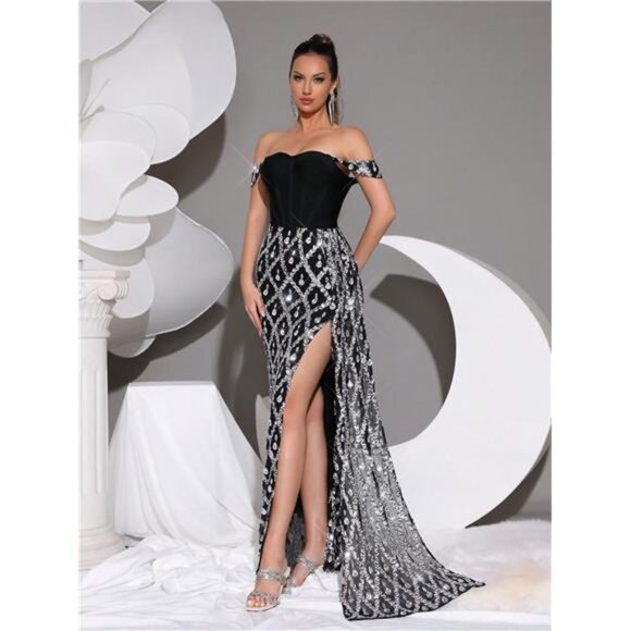 NEW - Luxurious Shiny Thick Crystal Diamond Glitter Perspective Mesh Long  Dress - www.panoramagroup.in